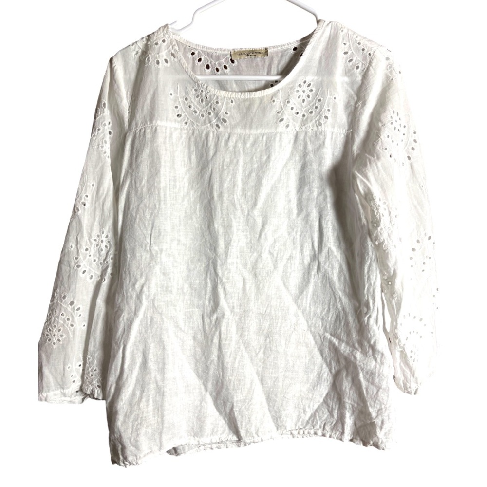 Francesca Bettini White Linen Cotton Top with Eyelet Lace Italian Made